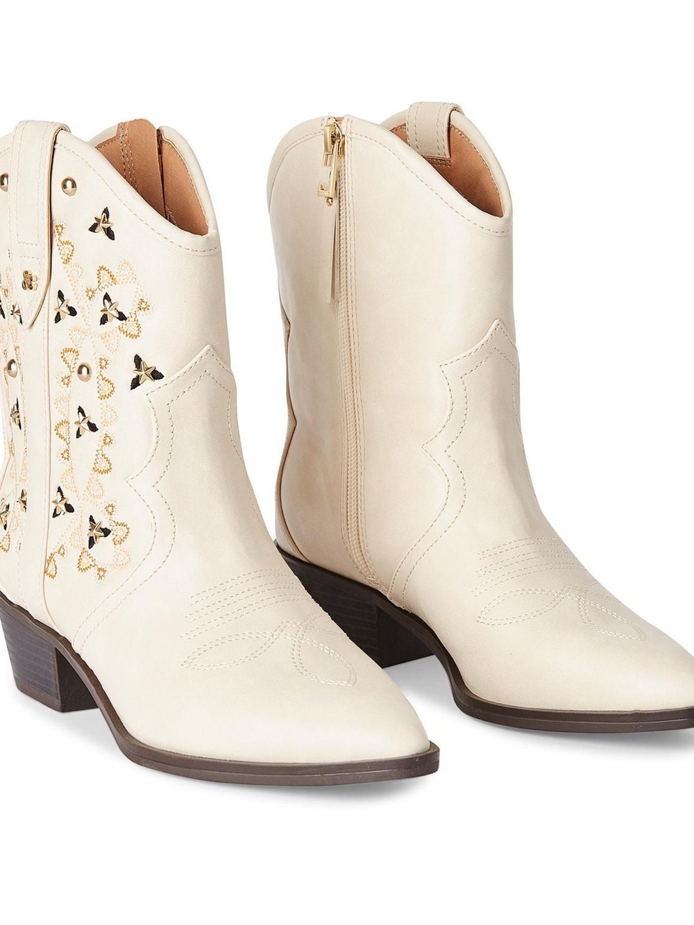 Women's Cream Embroidered Western Faux Leather Ankle Boots